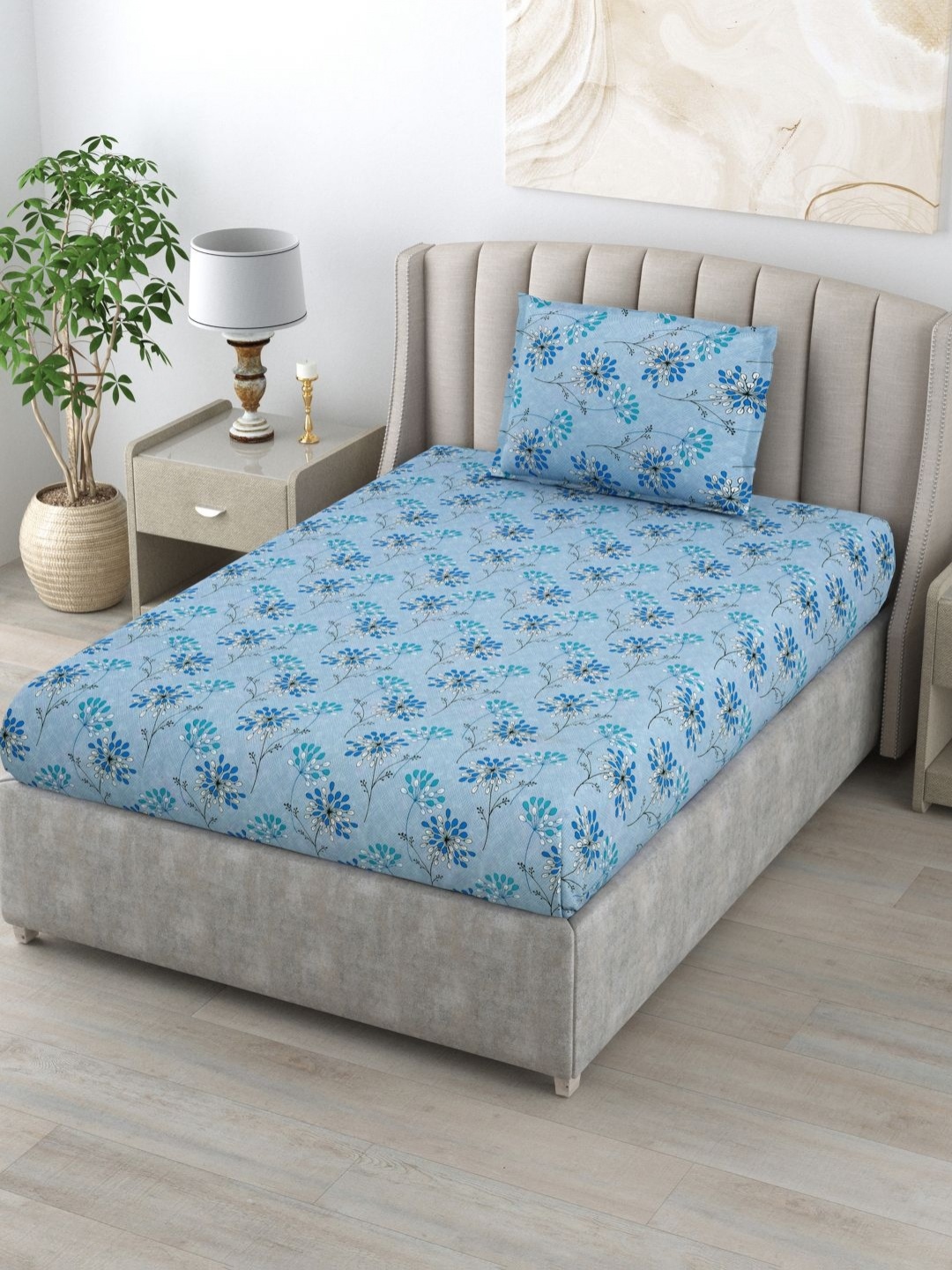 

BOMBAY DYEING Epigram Blue Floral Cotton 144 TC Single Bedsheet Set 1.50 m x 2.24 m