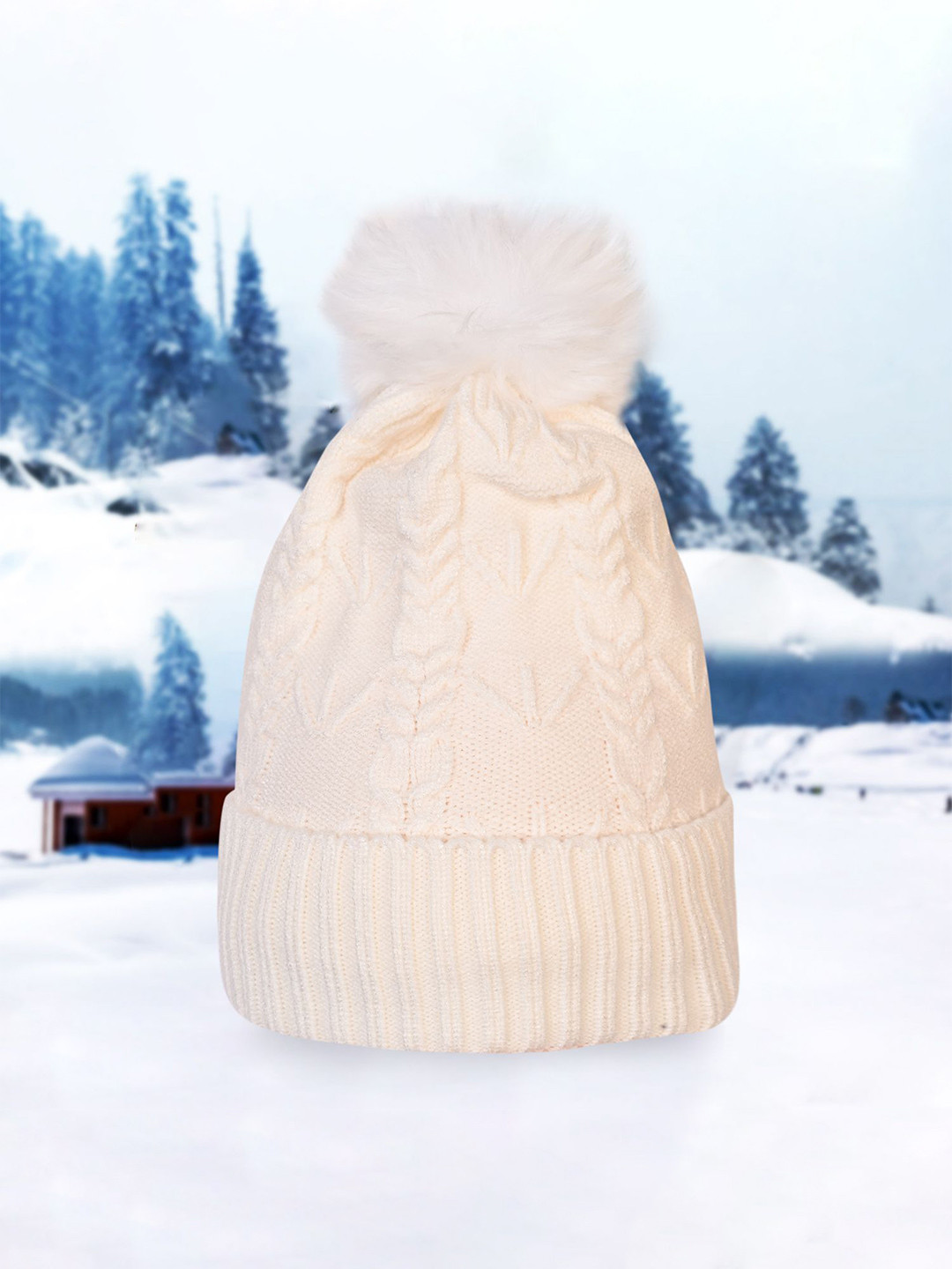 

LOOM LEGACY Women Cable Knit Woollen Winter Beanie, Cream