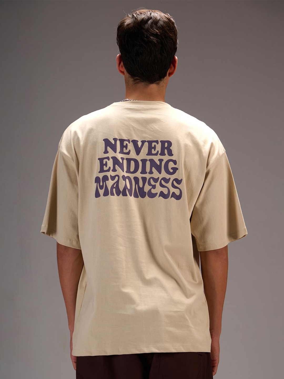 

IZF Men Typography Printed Round Neck Cotton Oversized T-shirt, Beige