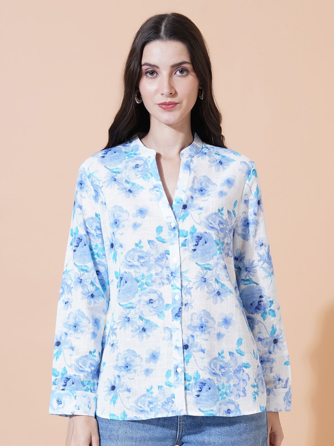 

Mast & Harbour Women Floral Printed Mandarin Collar Cotton Shirt Style Top, Blue