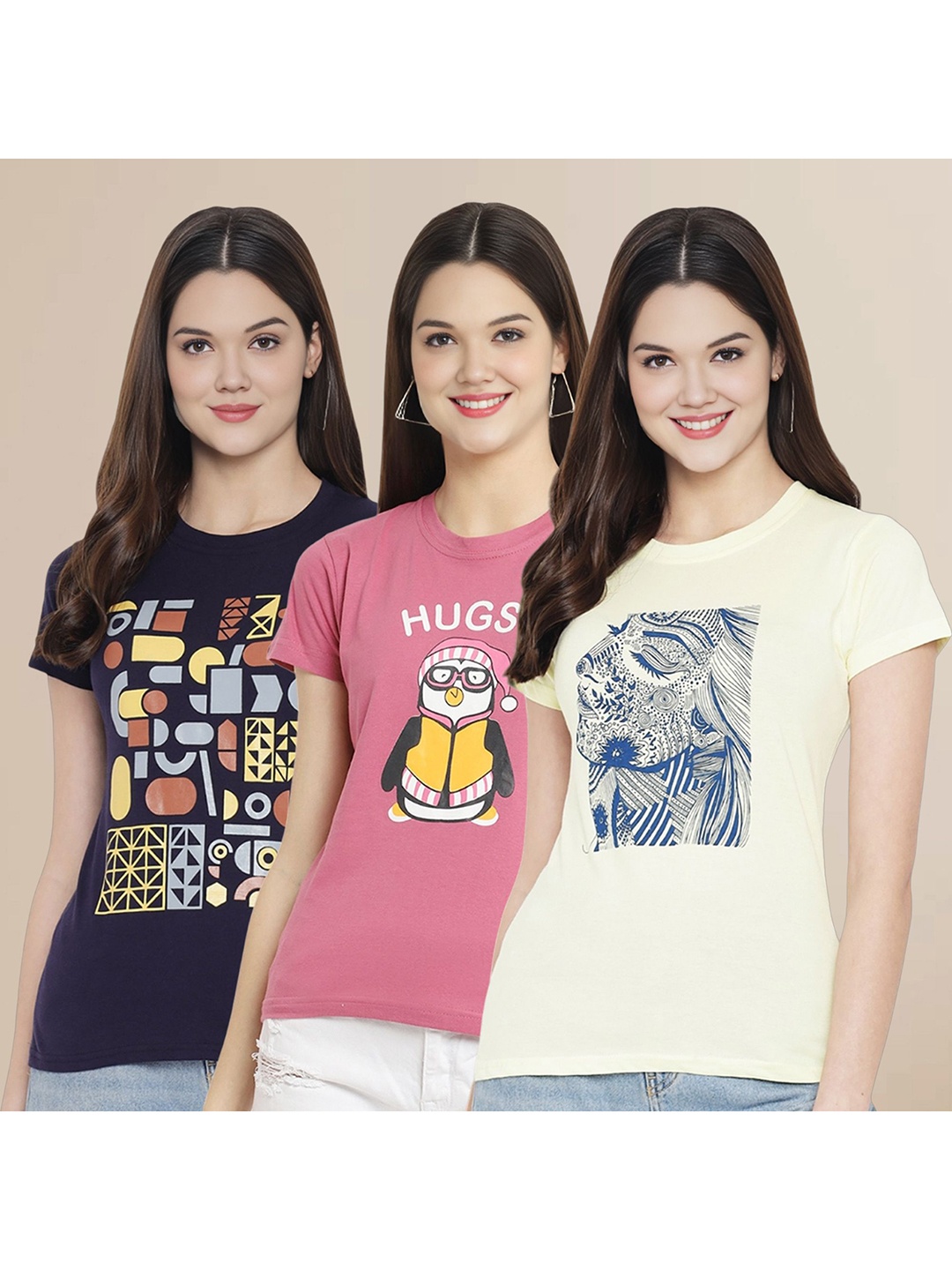 

Metronaut Women Pack Of 3 Typography Printed Round Neck Cotton T-shirts, Off white