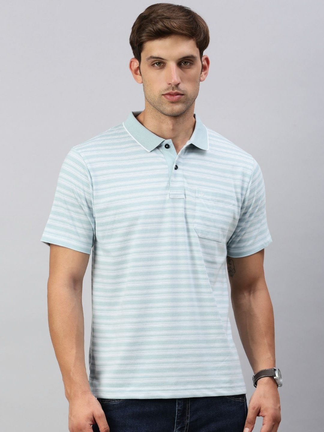 

Classic Polo Men Striped Polo Collar Cotton T-shirt, Green