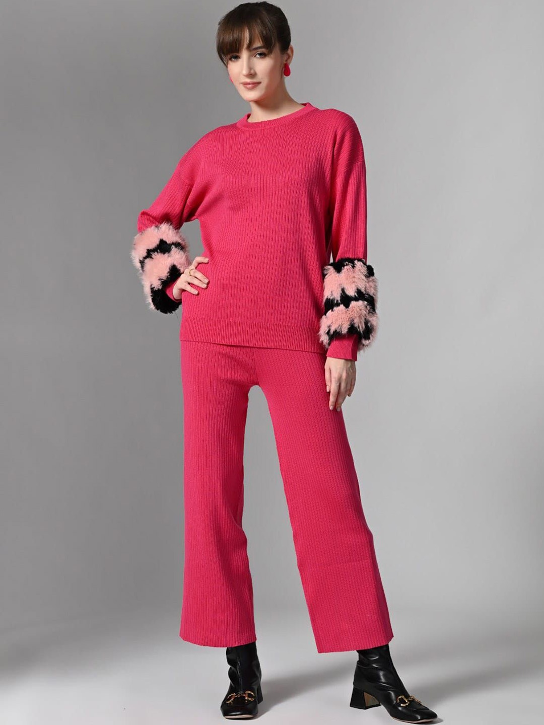 

PANKH Self Design Round Neck Long Sleeves Pure Wool Sweater With Trouser, Pink