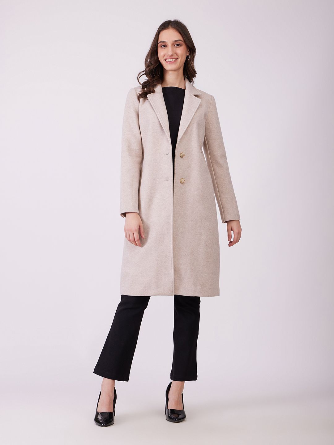 

FableStreet Women Lapel Collar Solid Formal Tailored Jacket, Beige