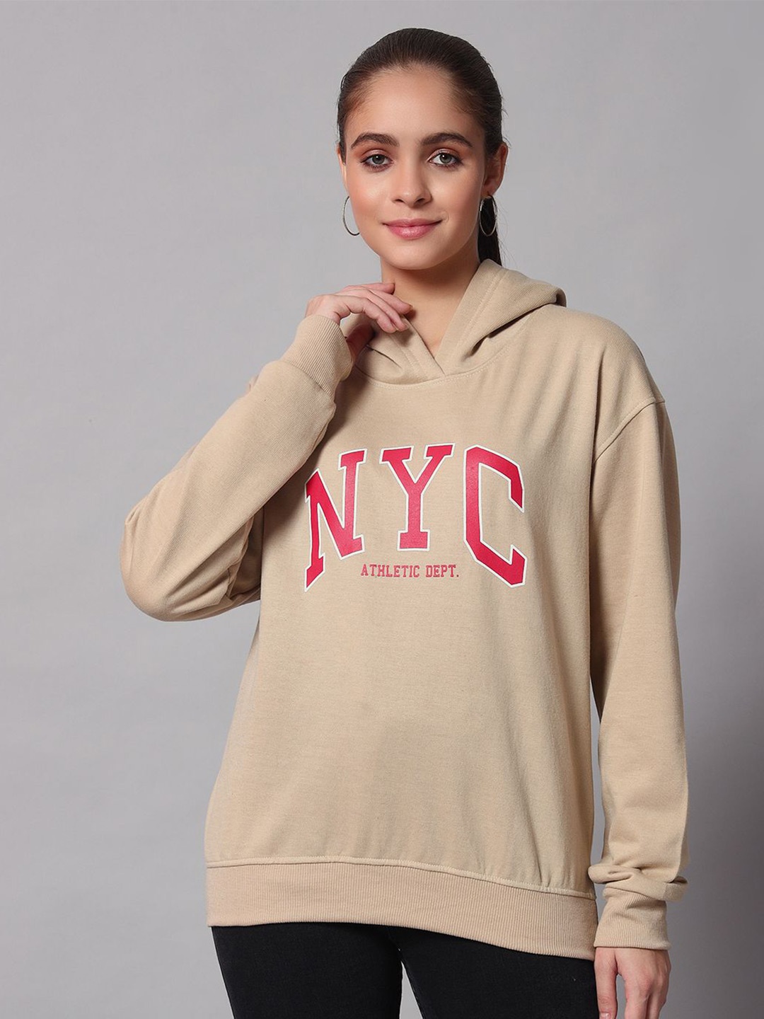 

Obaan Typography Printed Hooded Sweatshirt, Beige