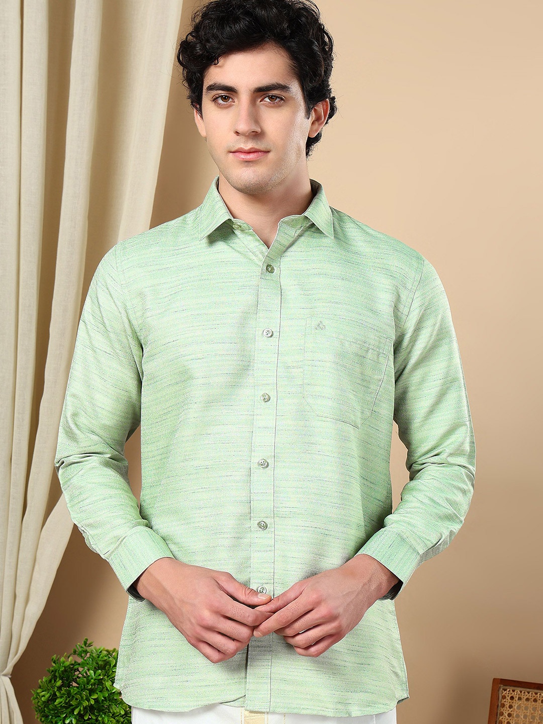 

TATTVA Men Classic Spread Collar Solid Cotton Slim Fit Casual Shirt, Green