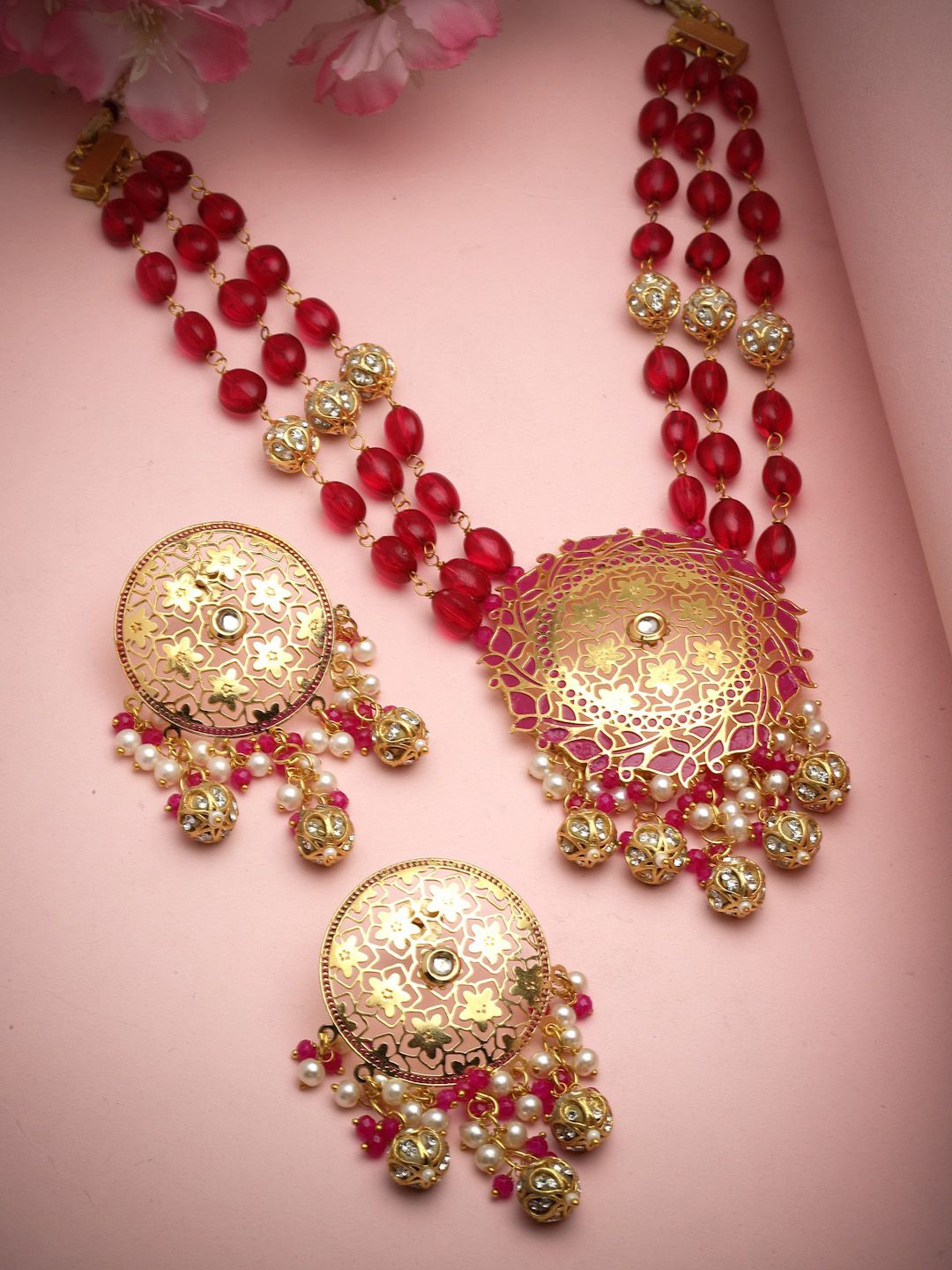 

PANASH Gold Plated Stones Studded & Beaded Jewellery Set