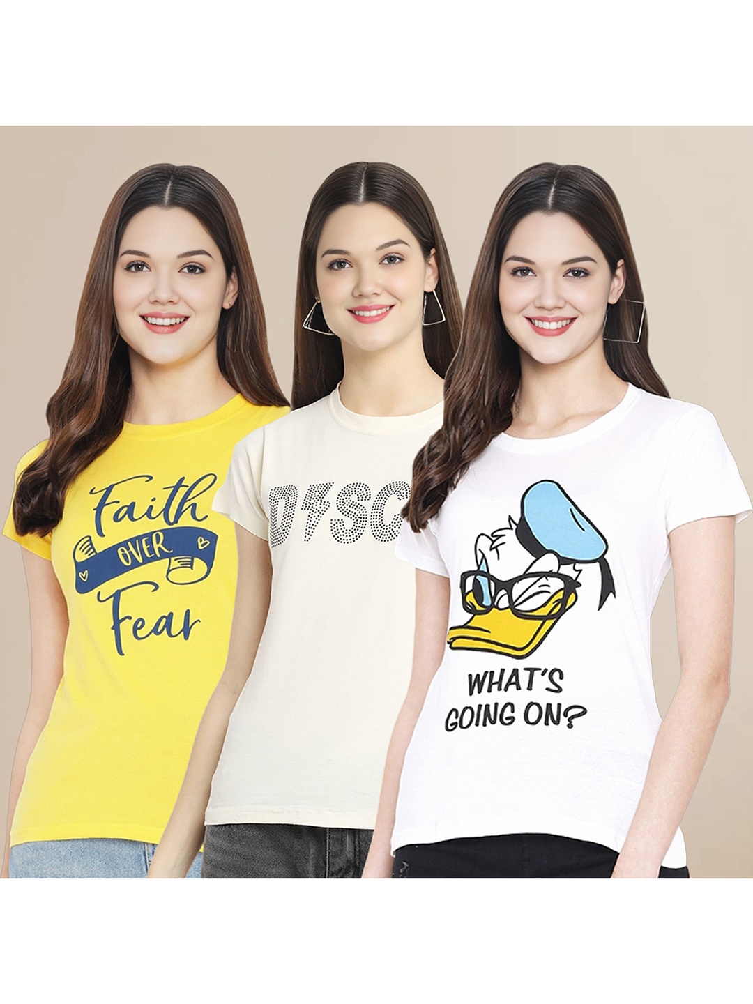 

Metronaut Women Pack Of 3 Typography Printed Round Neck Cotton Donald Duck T-shirts, Yellow