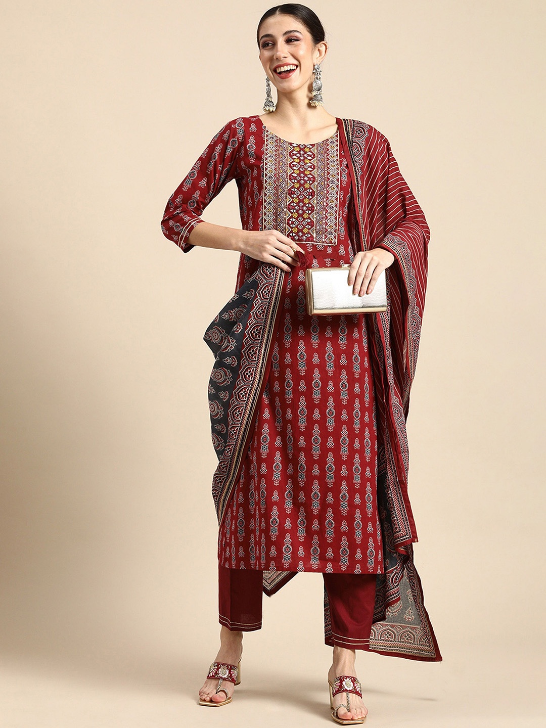 

KALINI Ethnic Motifs Embroidered Straight Kurta with Trousers & Dupatta, Red