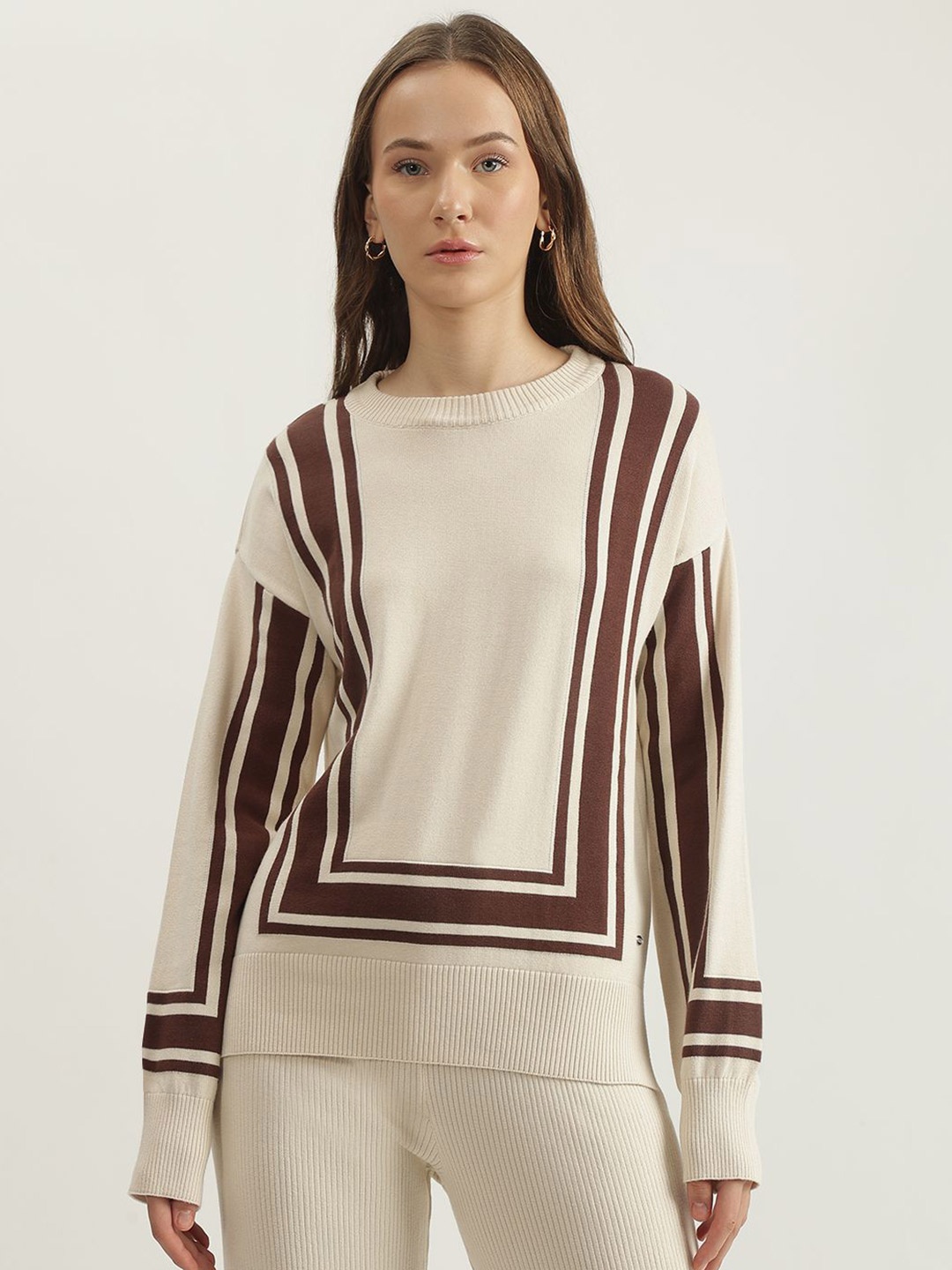 

ELLE Women Cotton Self Design Long Sleeves Pullover, Cream
