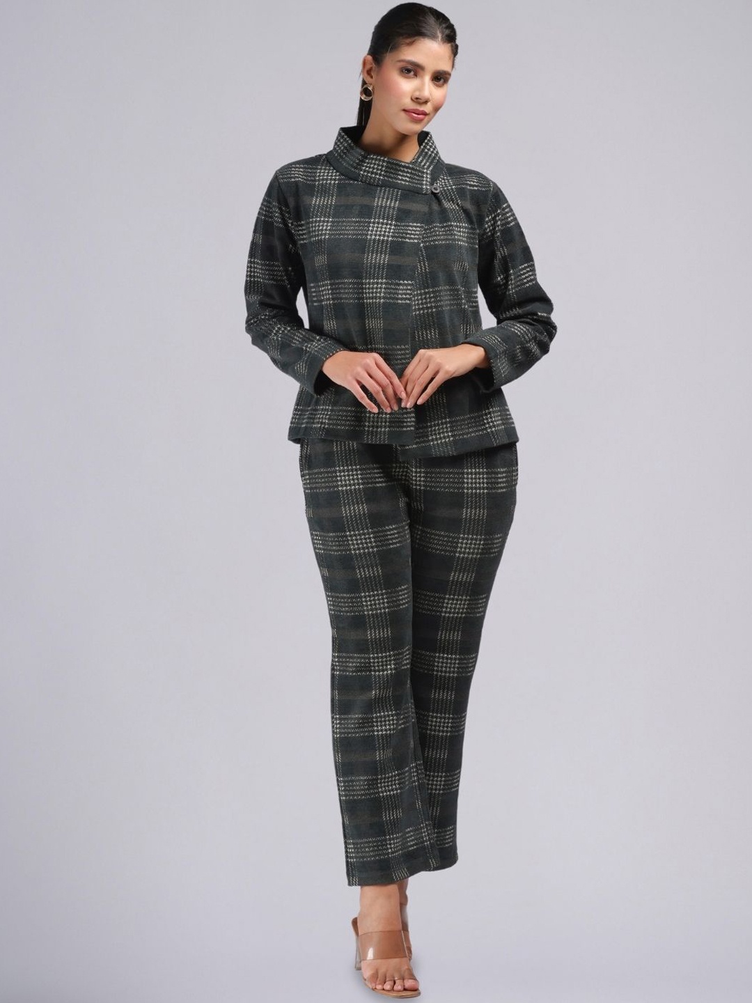 

PUREMIST Checked High Neck Long Sleeves Top With Trouser, Green