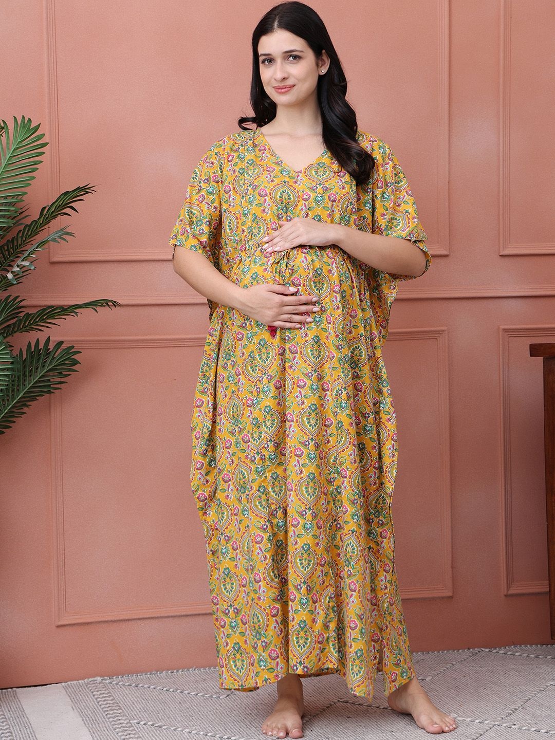 

Secret Wish Women Pure Cotton Maternity Kaftan Maxi Nightdress, Yellow