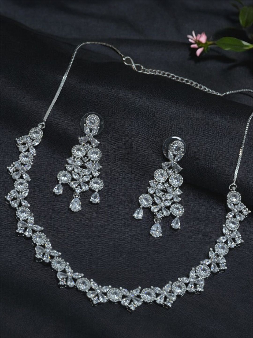 

SHARLEEZ Silver-Plated American Diamond Stone Studded Jewellery Set