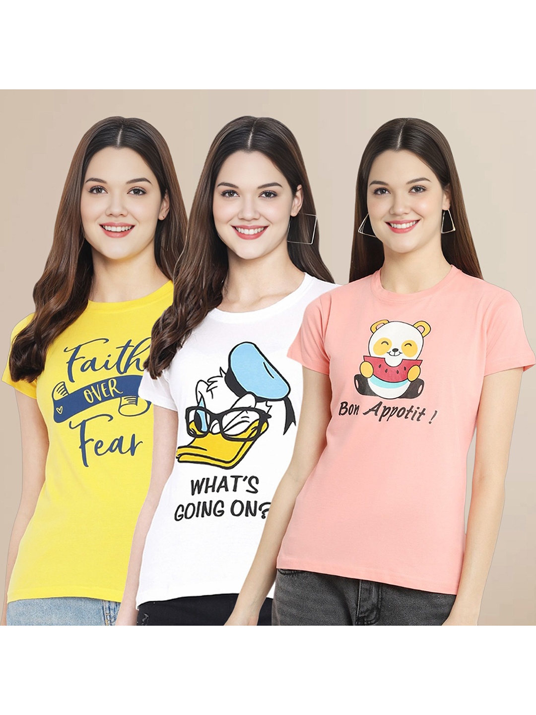 

Metronaut Women Pack Of 3 Typography Printed Round Neck Cotton Donald Duck T-shirts, Yellow