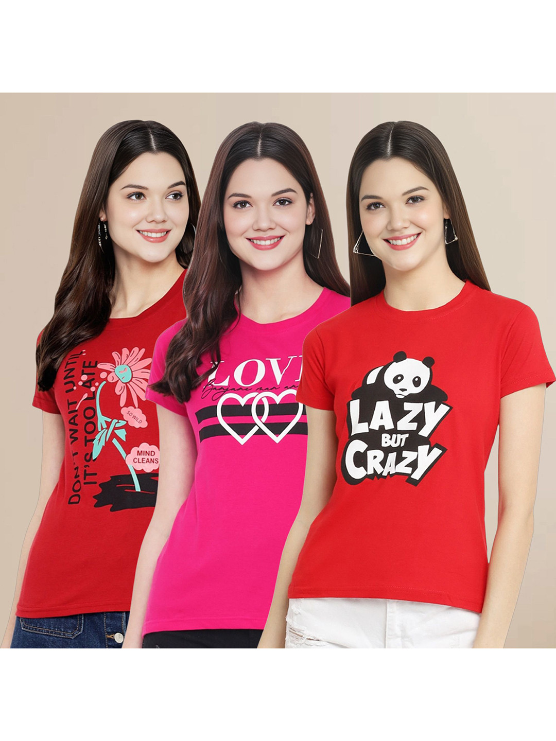 

Metronaut Women Pack Of 3 Typography Printed Round Neck Cotton T-shirts, Red