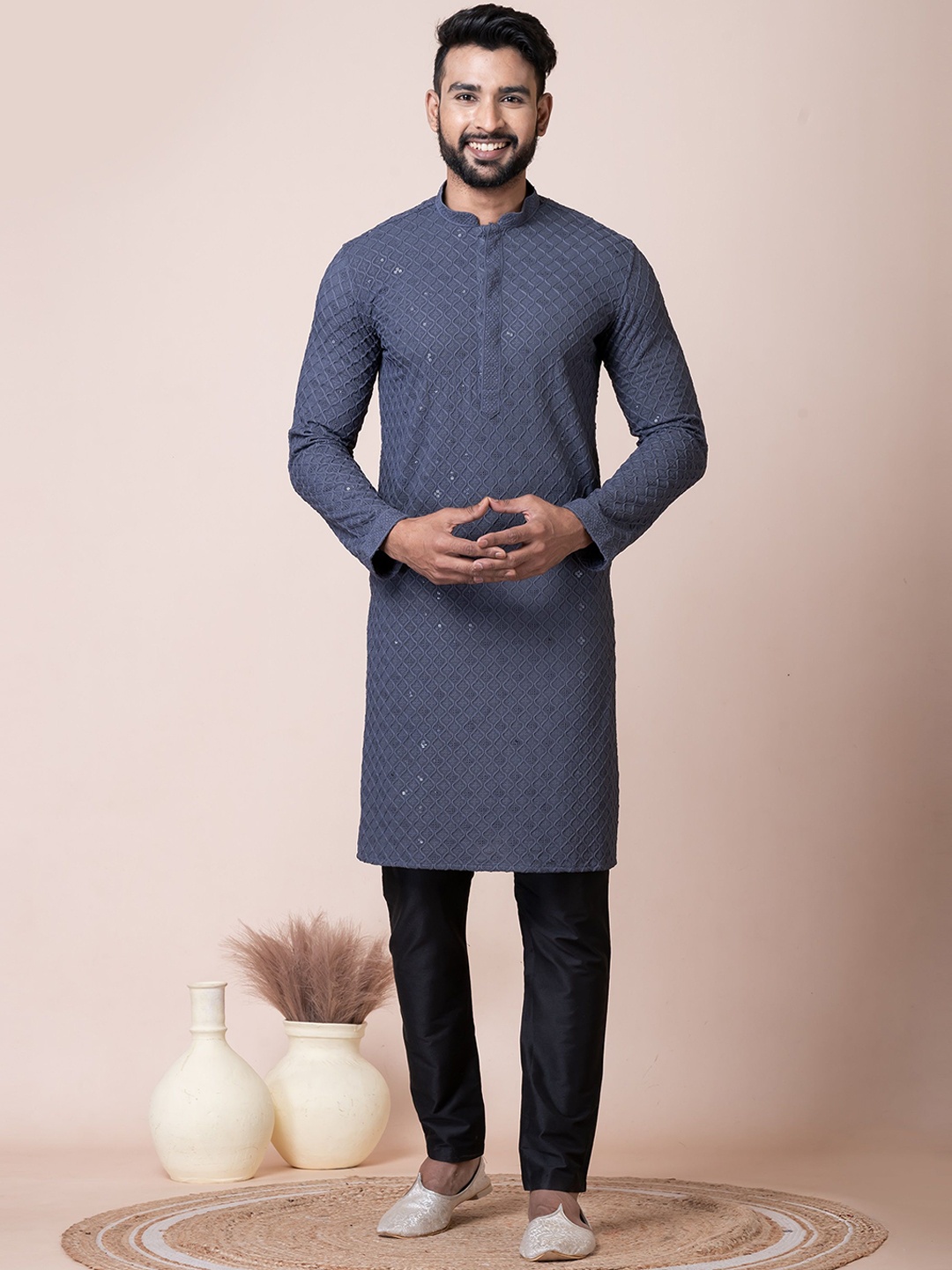 

HERE&NOW Grey Mandarin Collar Woven Design Chikankari Cotton Straight Kurta