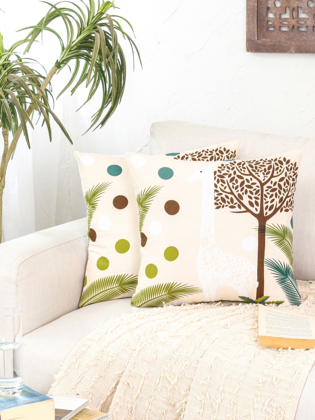 

HOMPRIN White & Brown 2 Pieces Tropical Printed Cotton Square Cushion Covers