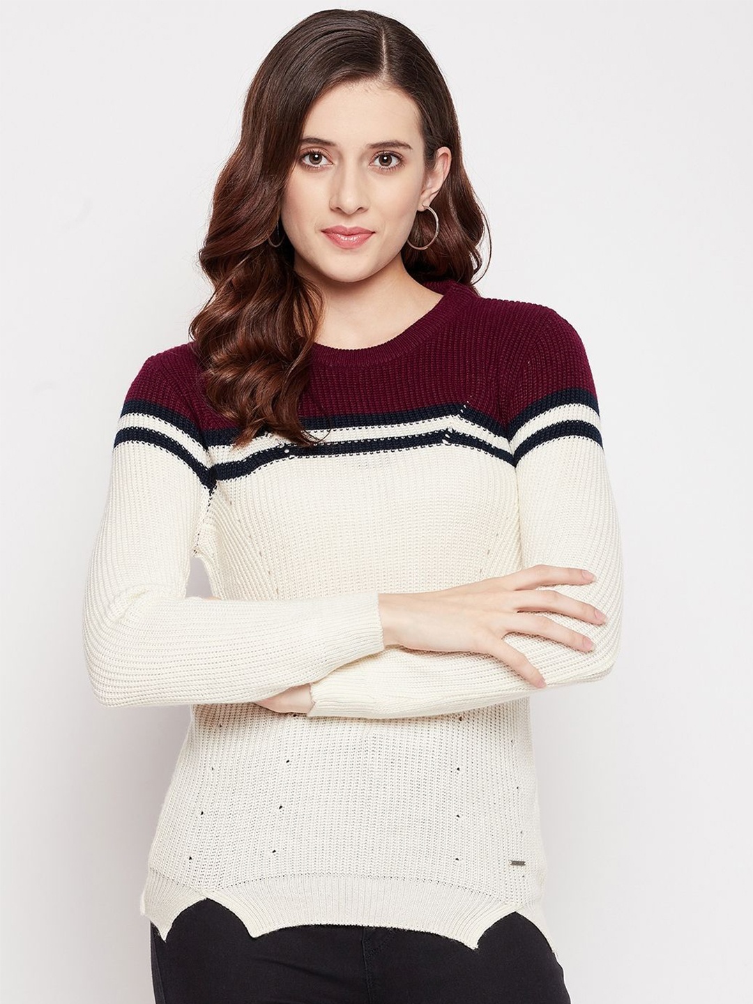 

Duke Women Colourblocked Woollen Pullover, Maroon
