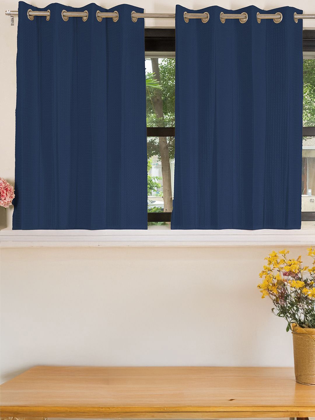 

URBAN SPACE Waffle Navy Blue Cotton 2 Pieces Window Curtains