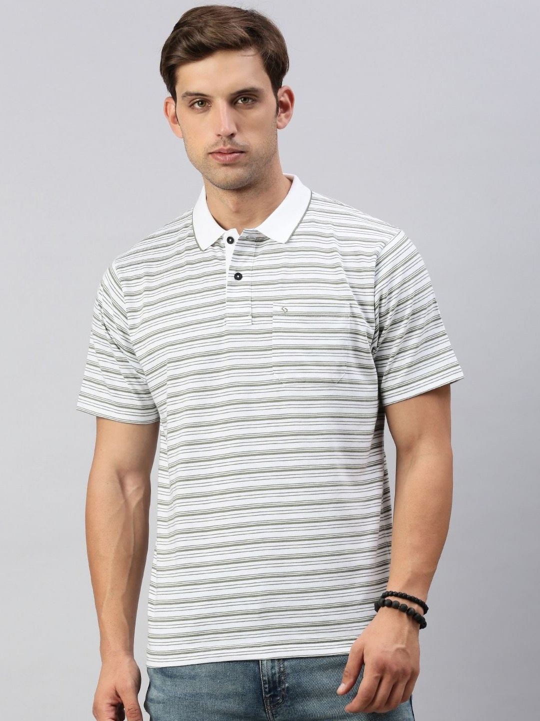 

Classic Polo Men Striped Polo Collar Cotton T-shirt, White