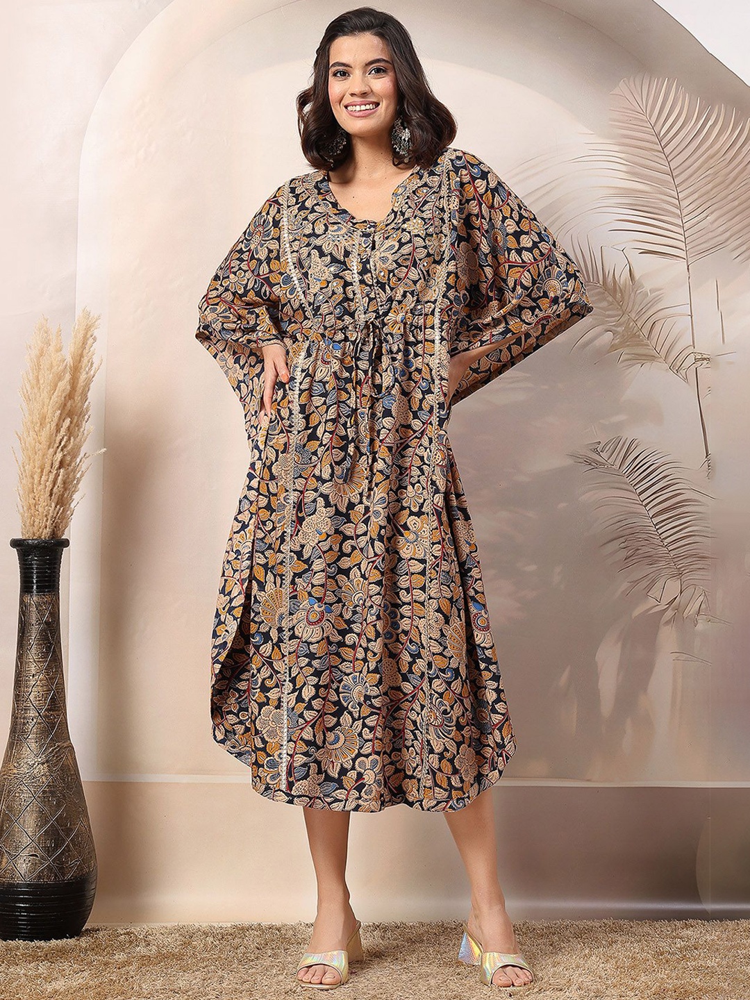

House Of Zelena Women Floral Printed Flared Sleeve Kaftan Maternity A-Line Dress, Navy blue
