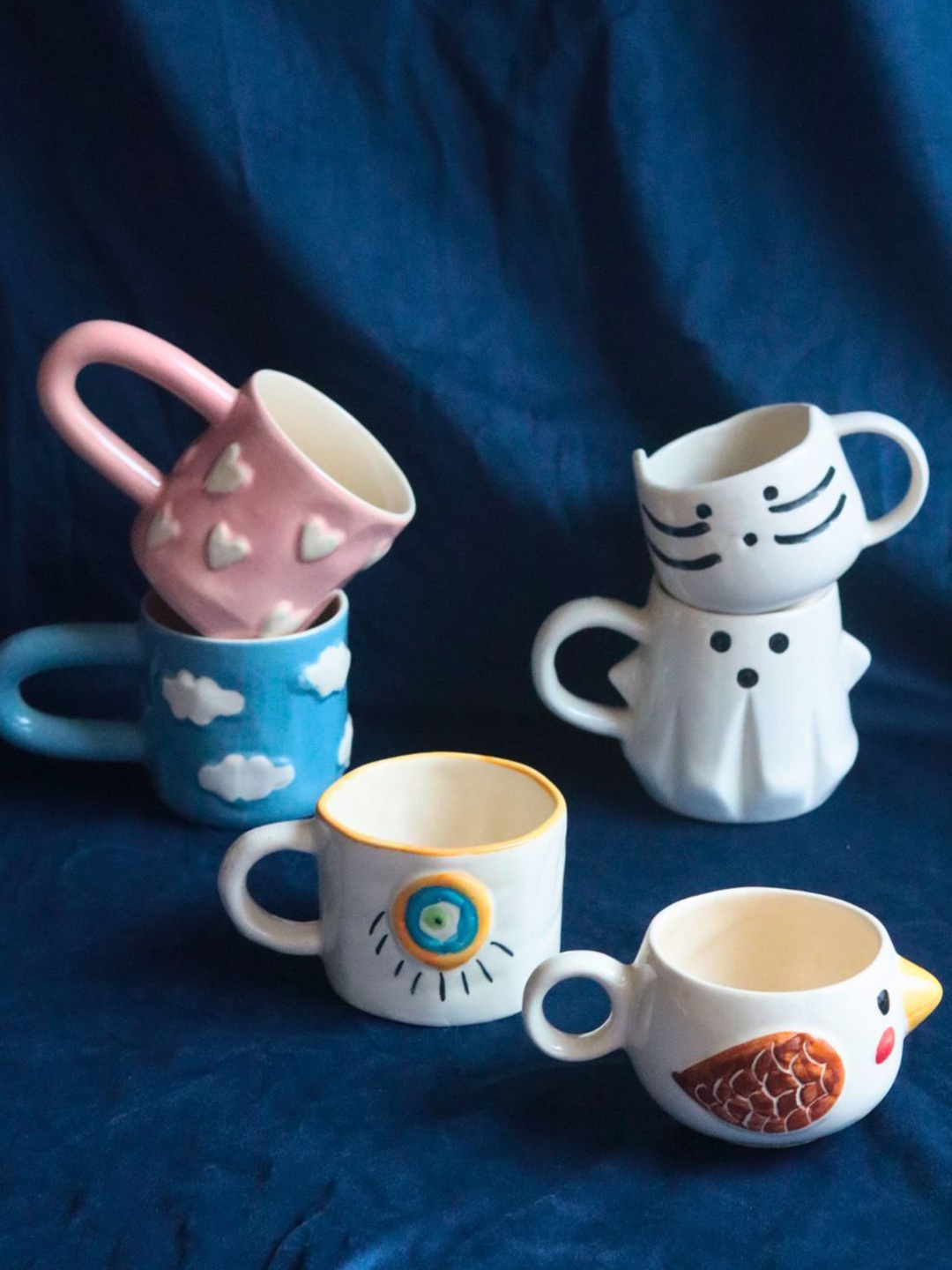 

WEAVING HOMES White & Blue 6 Pieces Printed Ceramic Glossy Mugs 260 ml