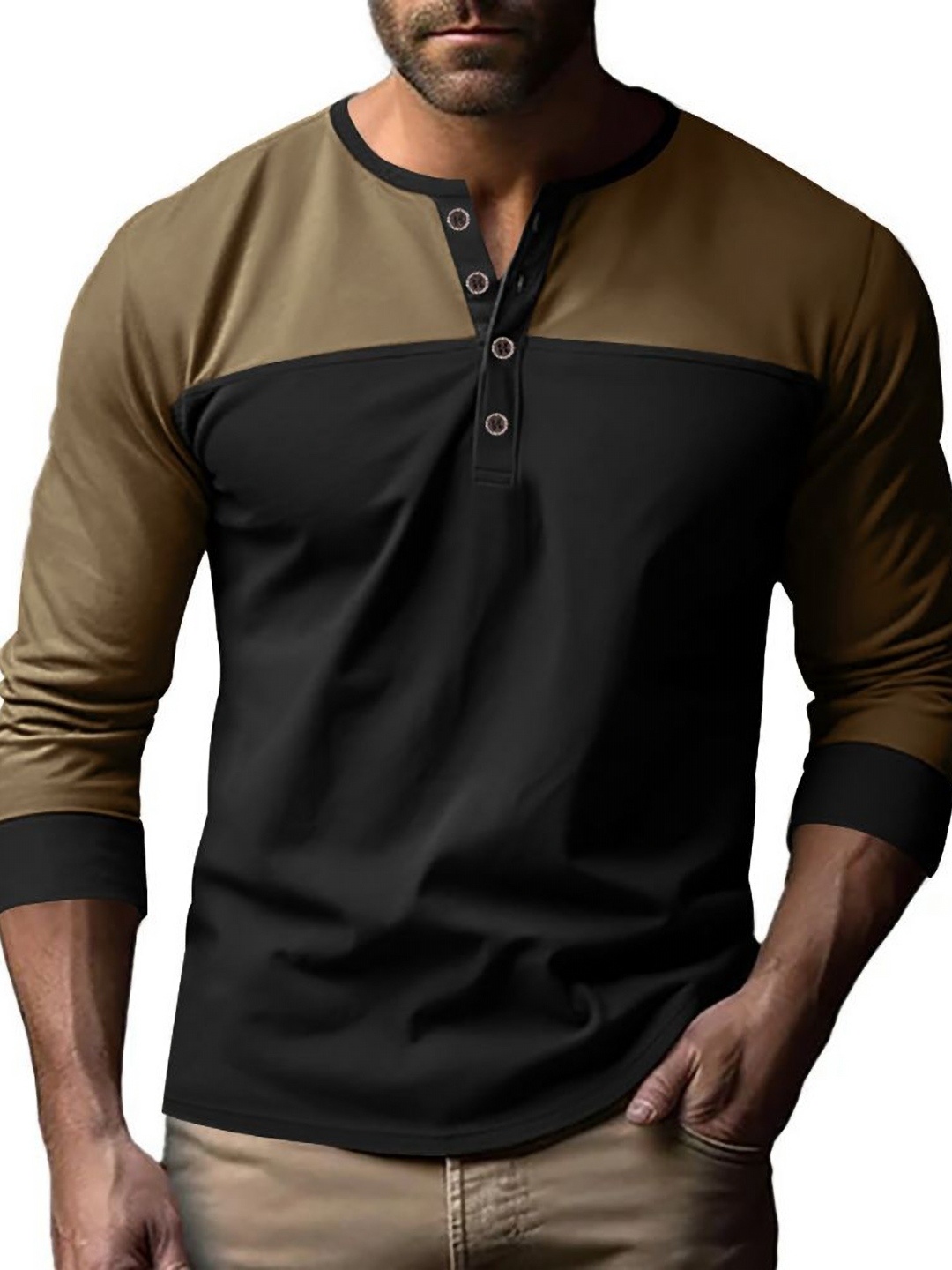 

StyleCast x Revolte Men Colourblocked Henley Neck T-shirt, Black