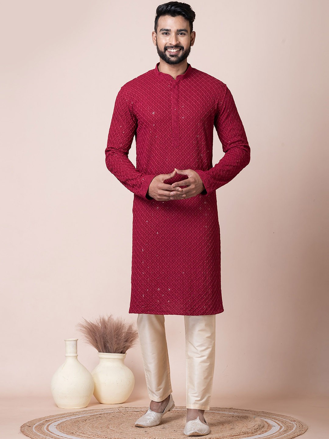 

HERE&NOW Maroon Mandarin Collar Woven Design Chikankari Cotton Straight Kurta