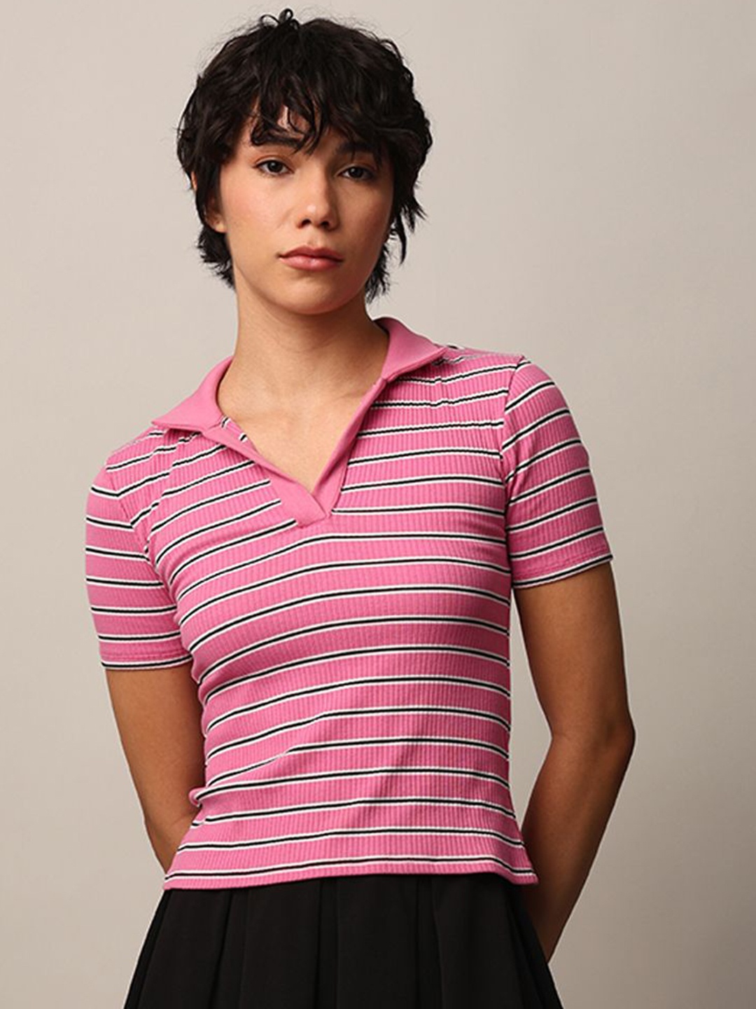 

ONLY Women Striped Polo Collar Cotton T-shirt, Pink