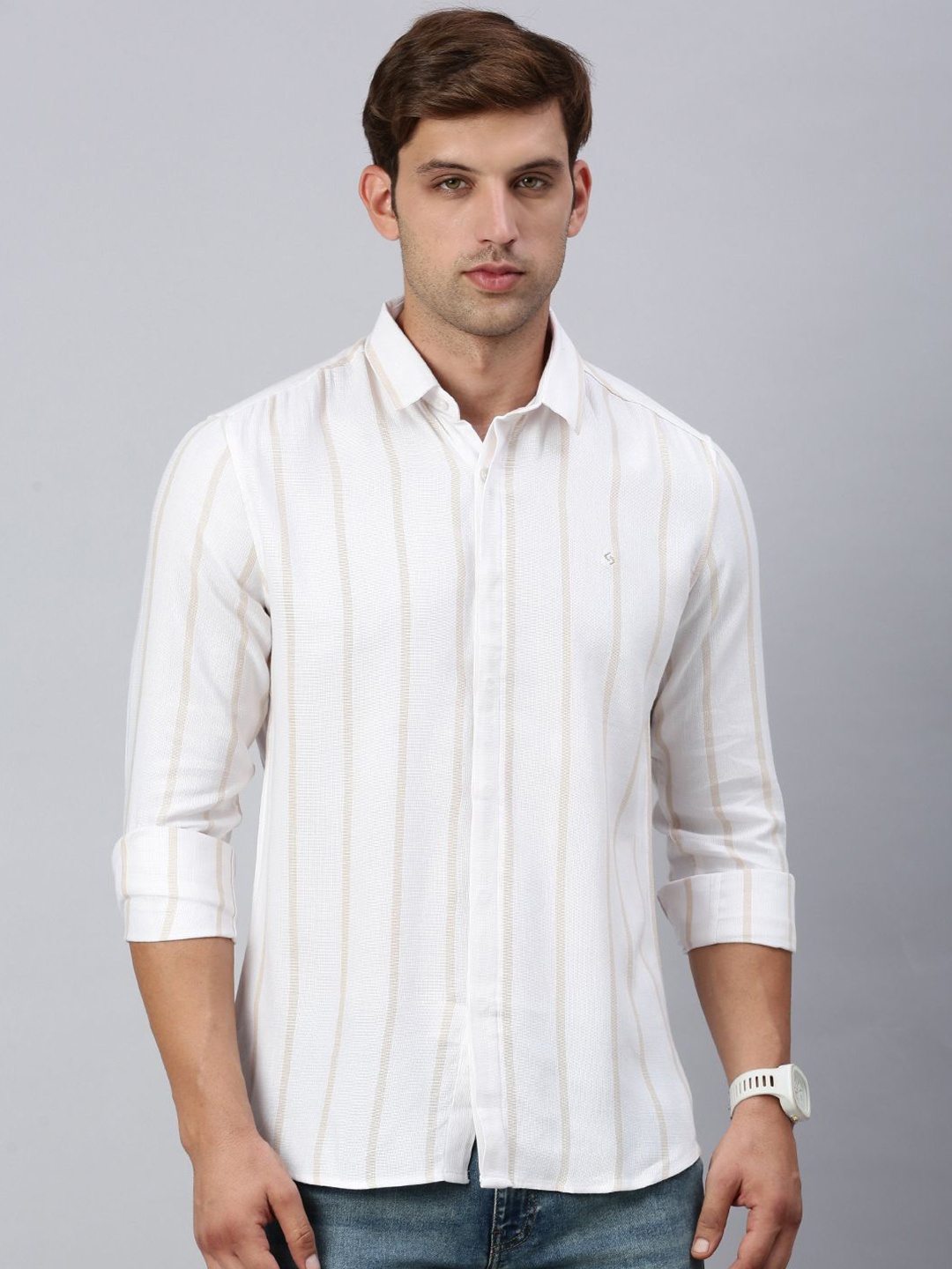 

Classic Polo Men India Slim Spread Collar Vertical Striped Cotton Casual Shirt, White