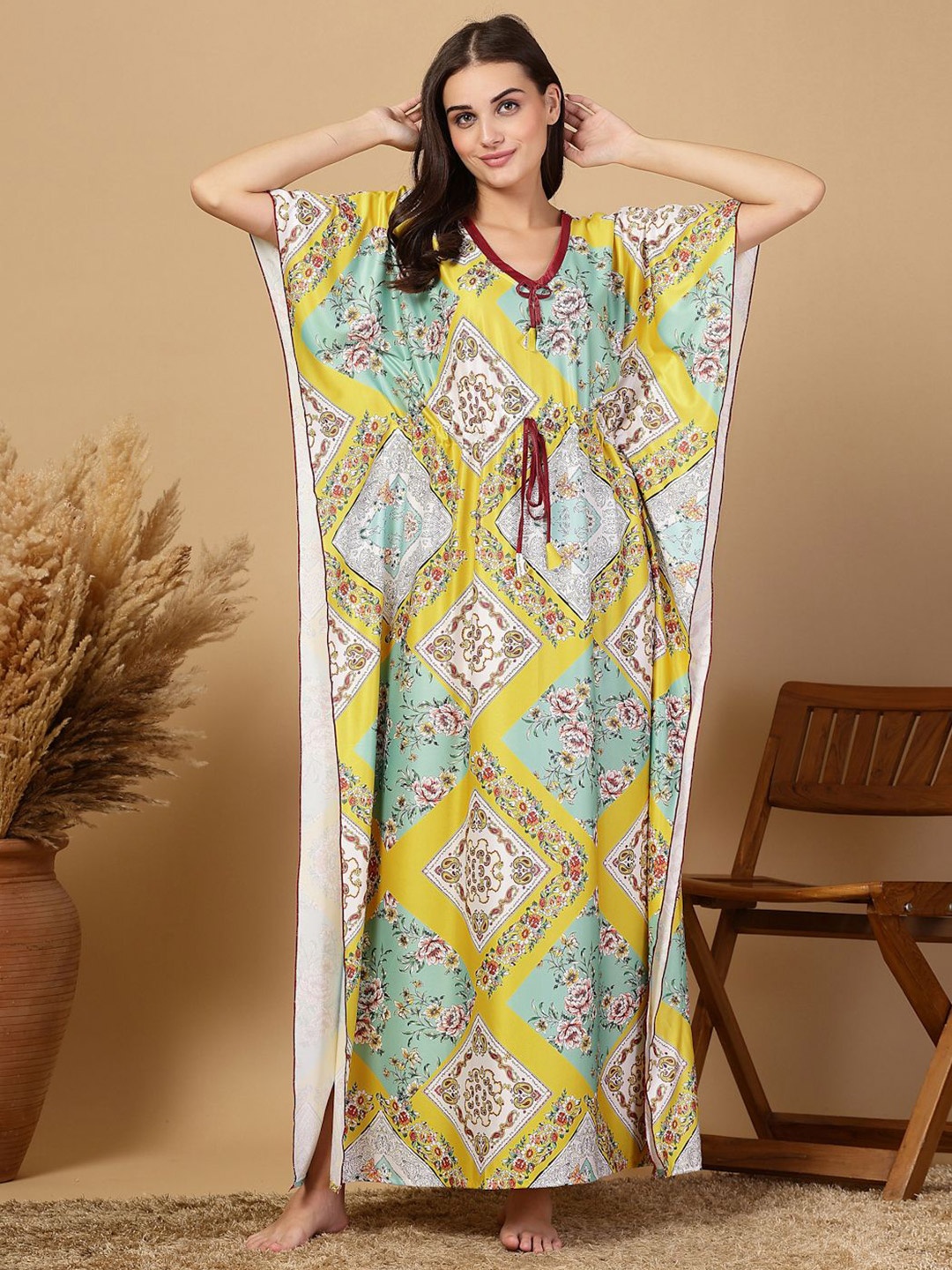 

FABINALIV Women Printed Kaftan Nightdress, Yellow