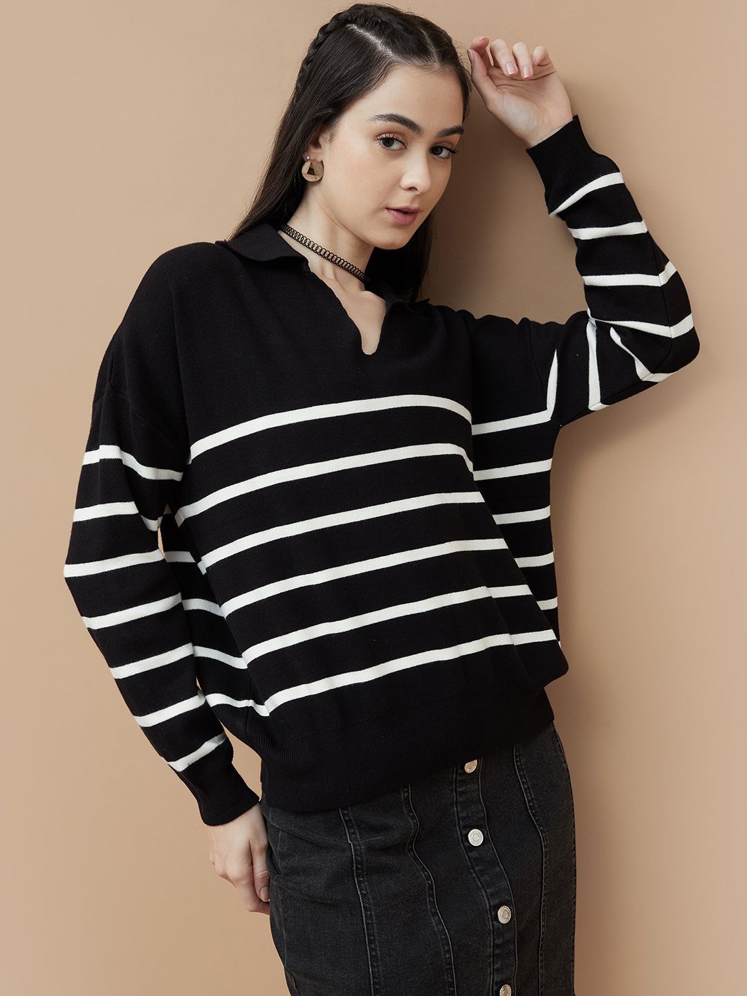 

Ginger by Lifestyle Women Striped Shirt Collar Boxy Top, Black