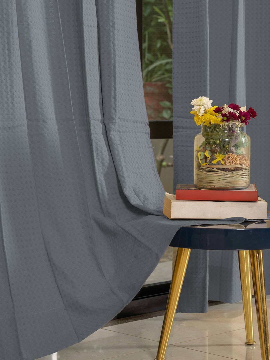 

URBAN SPACE Waffle Grey 2 Pieces Cotton Long Door Curtains