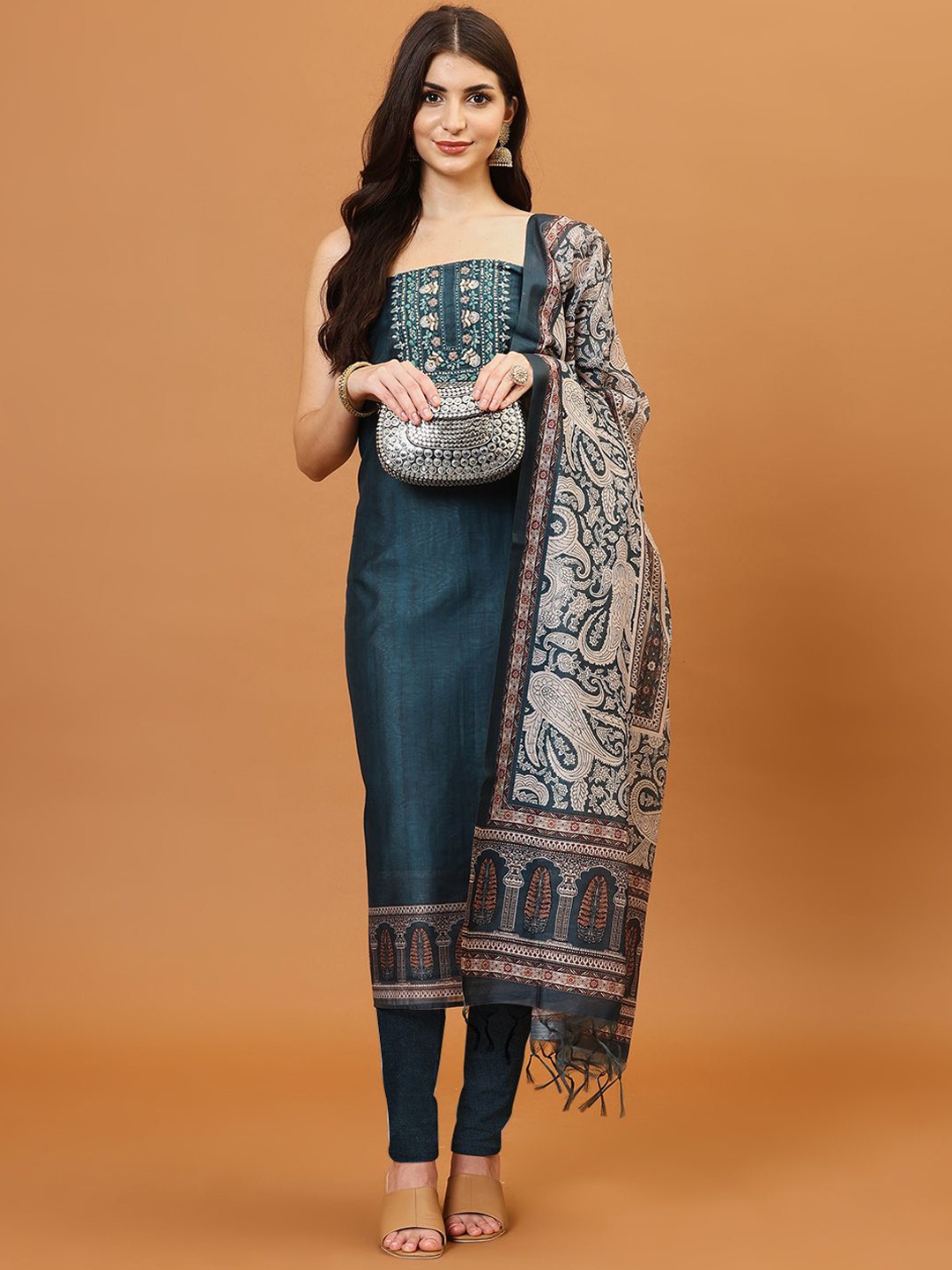 

Meena Bazaar Embroidered Art Silk Unstitched Dress Material, Blue