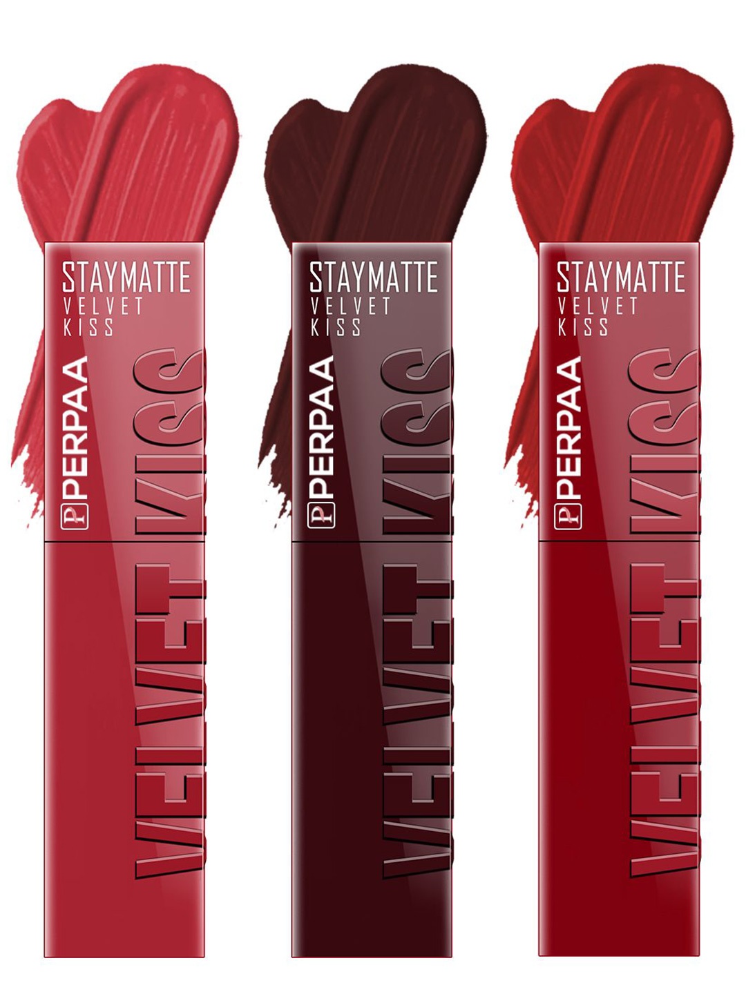 

PERPAA Set of 3 Velvet Kiss Waterproof Matte Liquid Lipstick -3.5 ml Each -Shades 01-02-12, Red