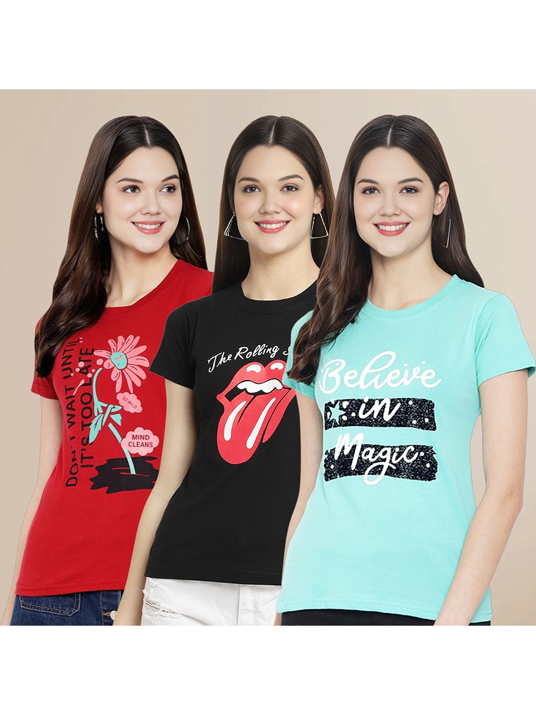 

Metronaut Women Pack Of 3 Typography Printed Round Neck Cotton T-shirts, Red