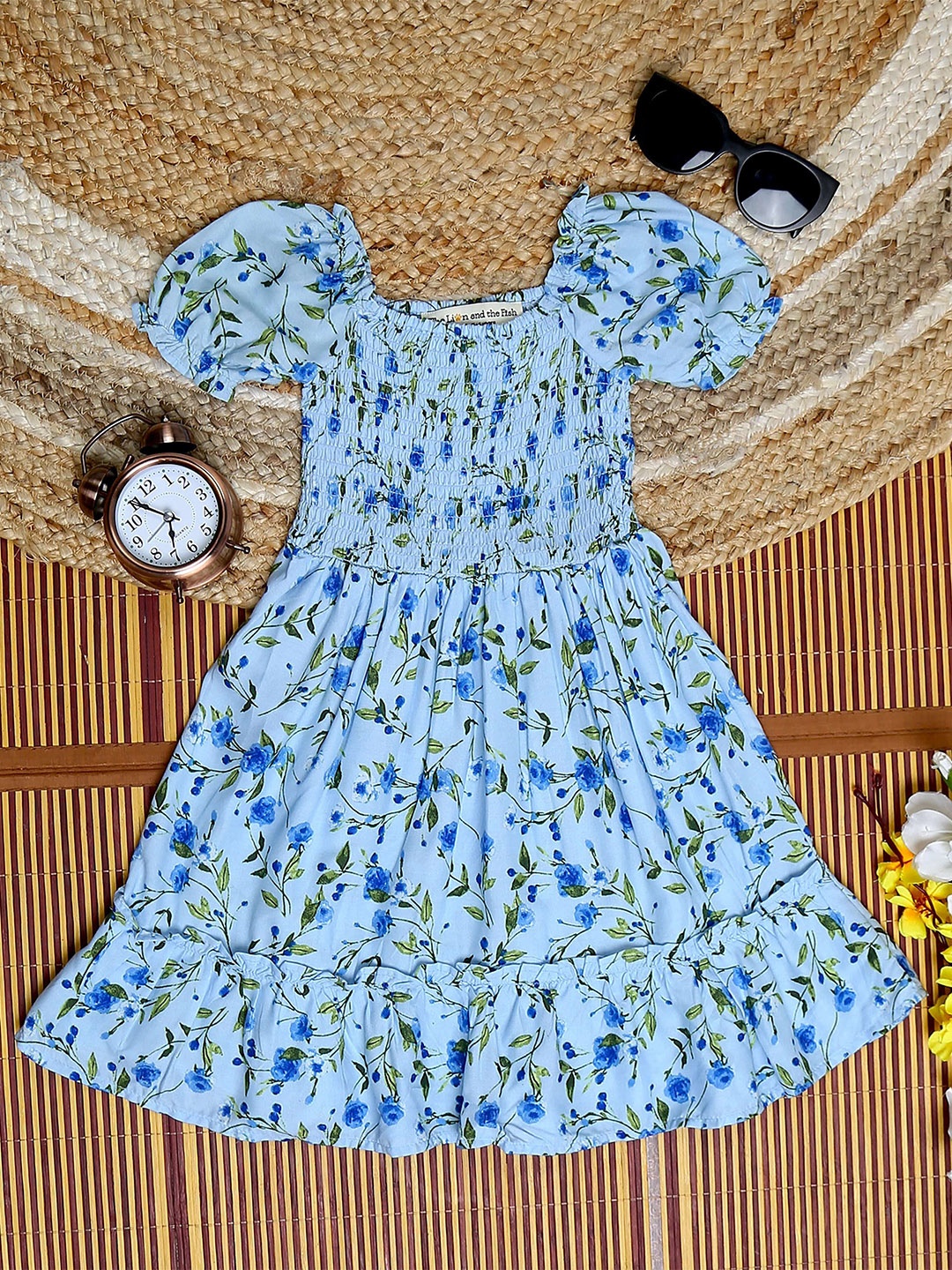 

The Lion and The Fish Girls Floral Printed Puff Sleeve Fit & Flare Dress, Blue
