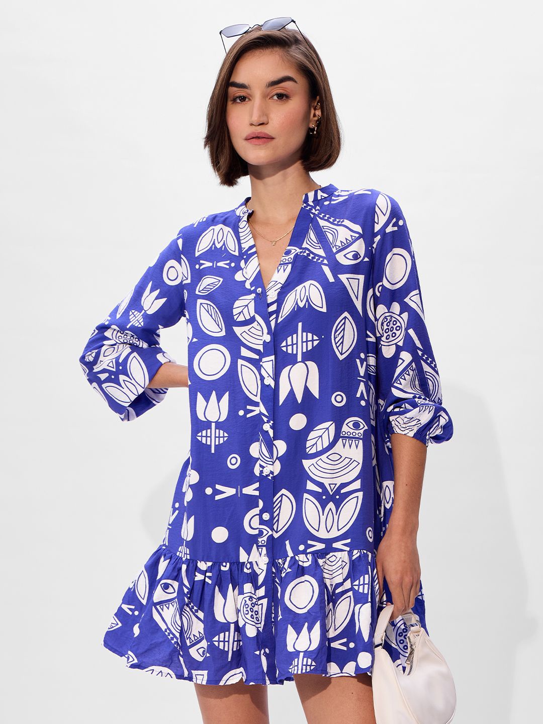 

The Souled Store Women Abstract Printed Cotton Mandarin Collar Drop-Waist Mini Dress, Blue