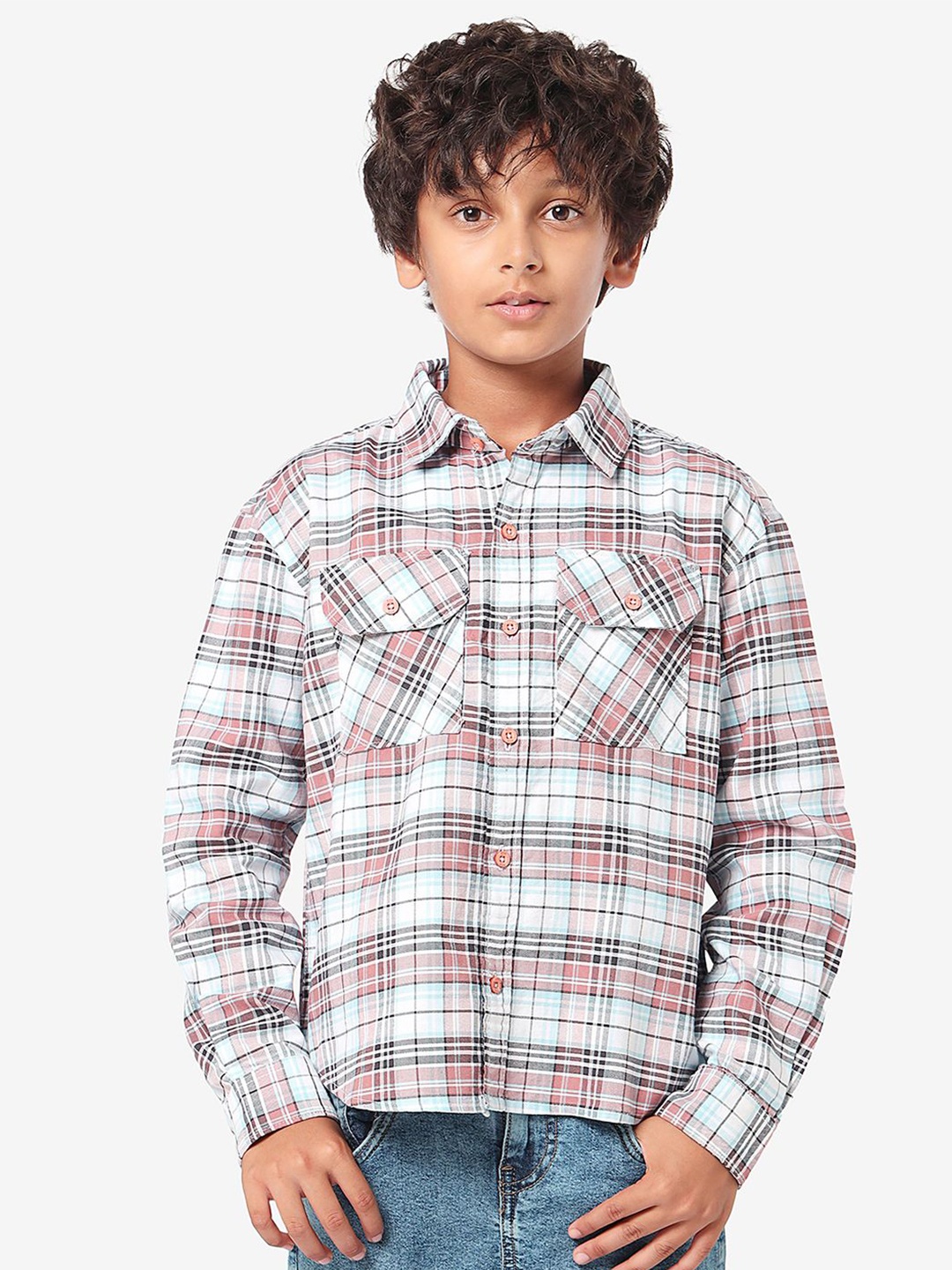 

BONKIDS Boys Spread Collar Tartan Checked Cotton Casual Shirt, Blue