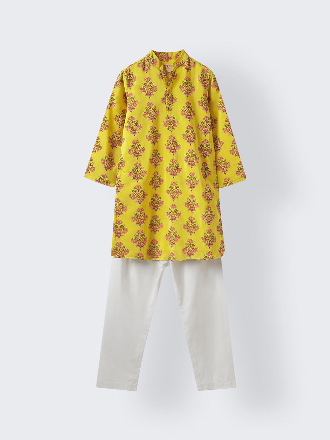 

SPUNKIES Boys Floral Printed Mandarin Collar Straight Kurta with Pyjama, Yellow