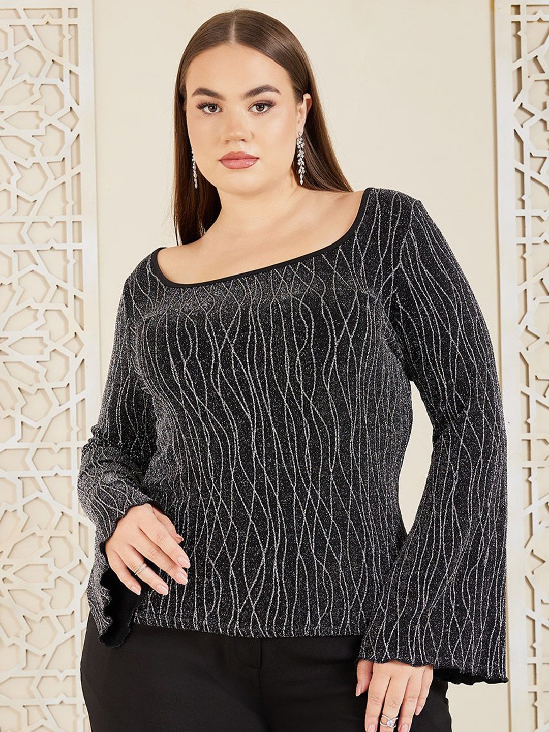 

Styli Plus Size Embellished Abstract Textured Bell Sleeve Fitted Knit Top, Black