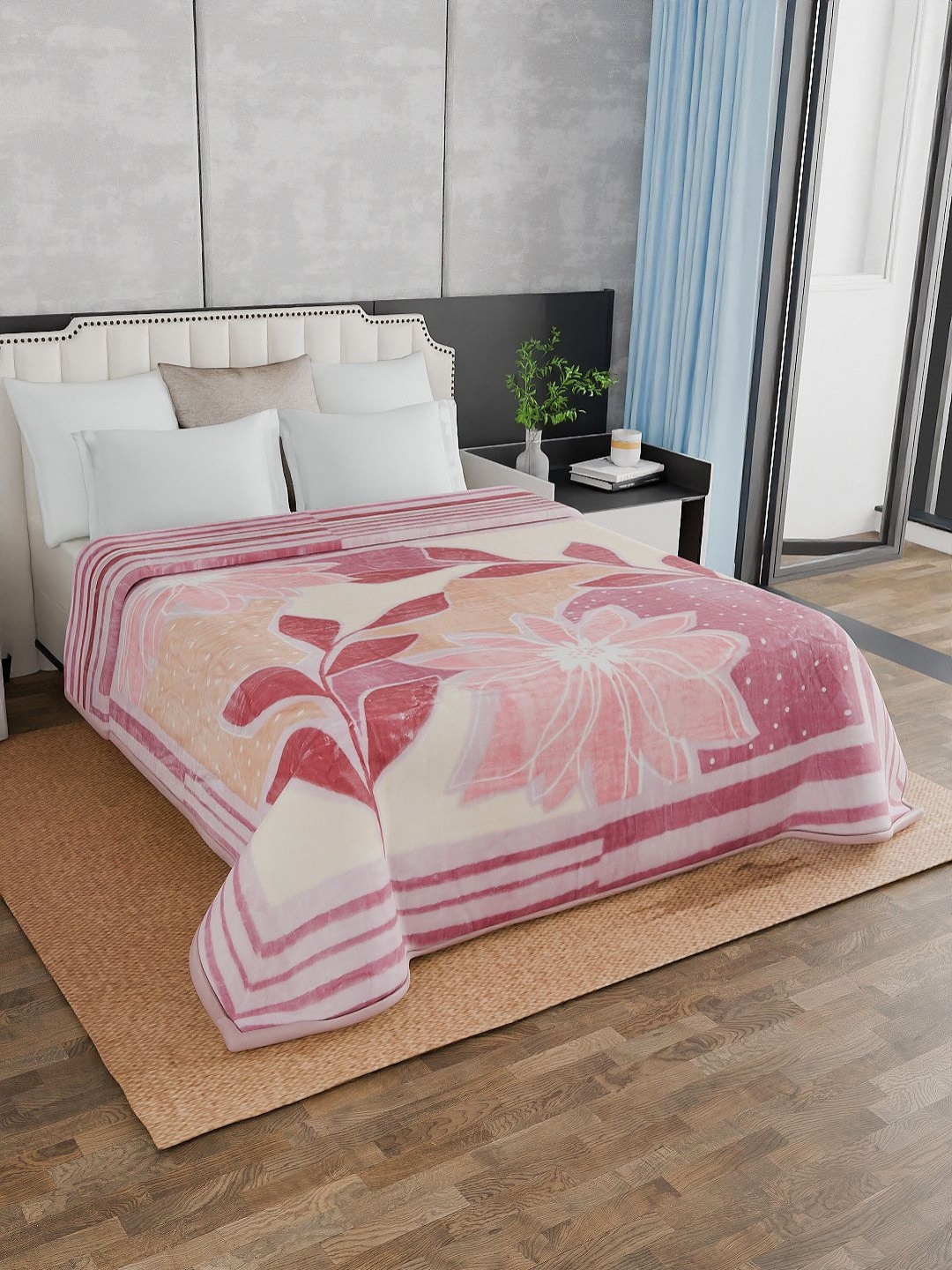 

Signature Albela Pink & White Floral Printed Mink Mild Winter 500 GSM Double Bed Blanket