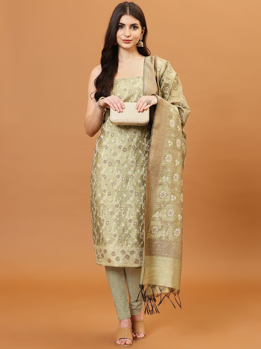 

Meena Bazaar Floral Woven Design Zari Unstitched Dress Material, Green