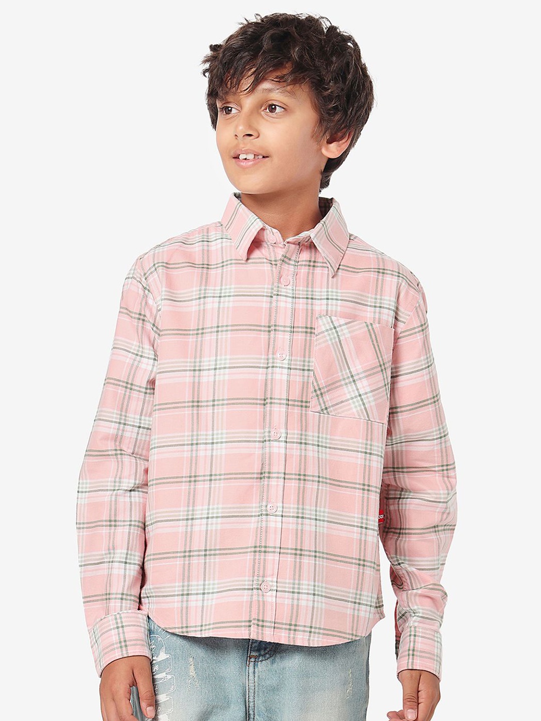 

BONKIDS Boys Spread Collar Tartan Checked Cotton Casual Shirt, Pink