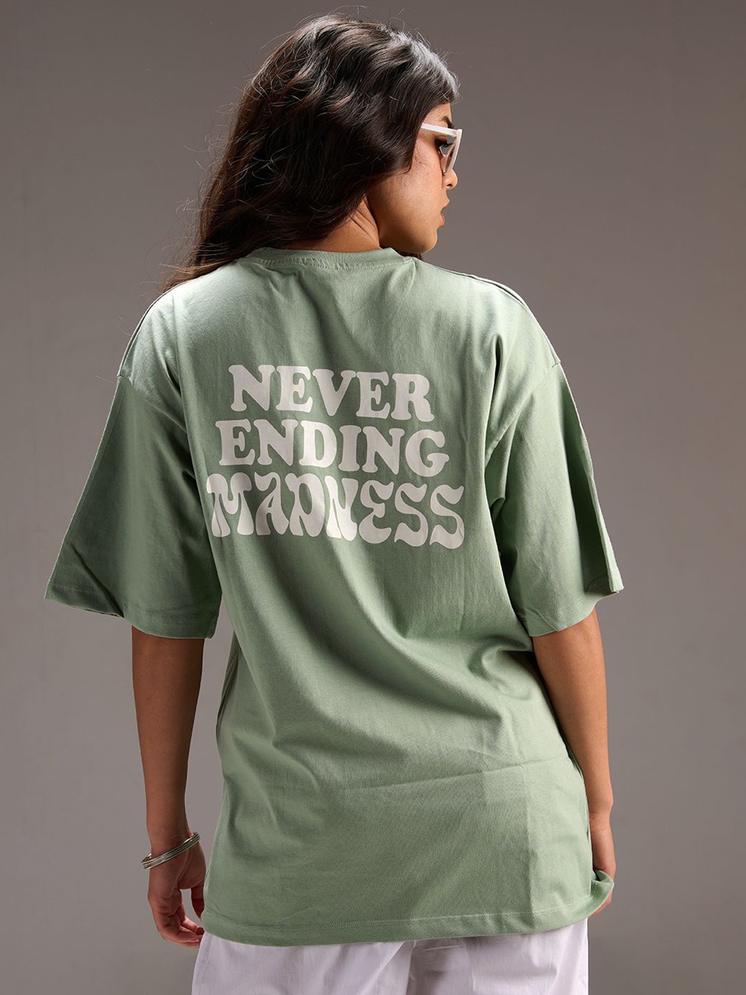 

IZF Women Typography Printed Oversize Cotton Casual T-shirt, Green