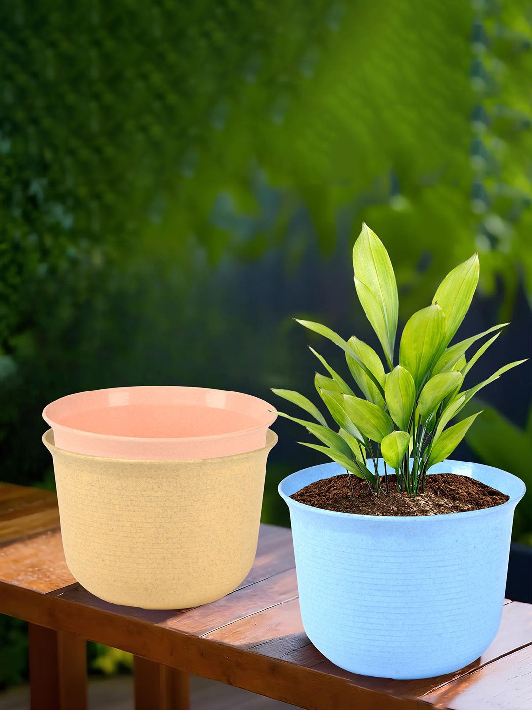

Kuber Industries Blue & Peach-Coloured 3 Pieces Striped Pot With Plate