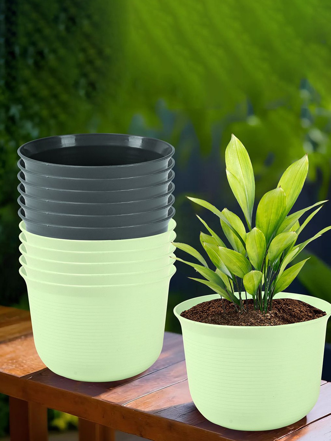 

Kuber Industries Green & Grey 12 Pieces Textured Planters With Plate