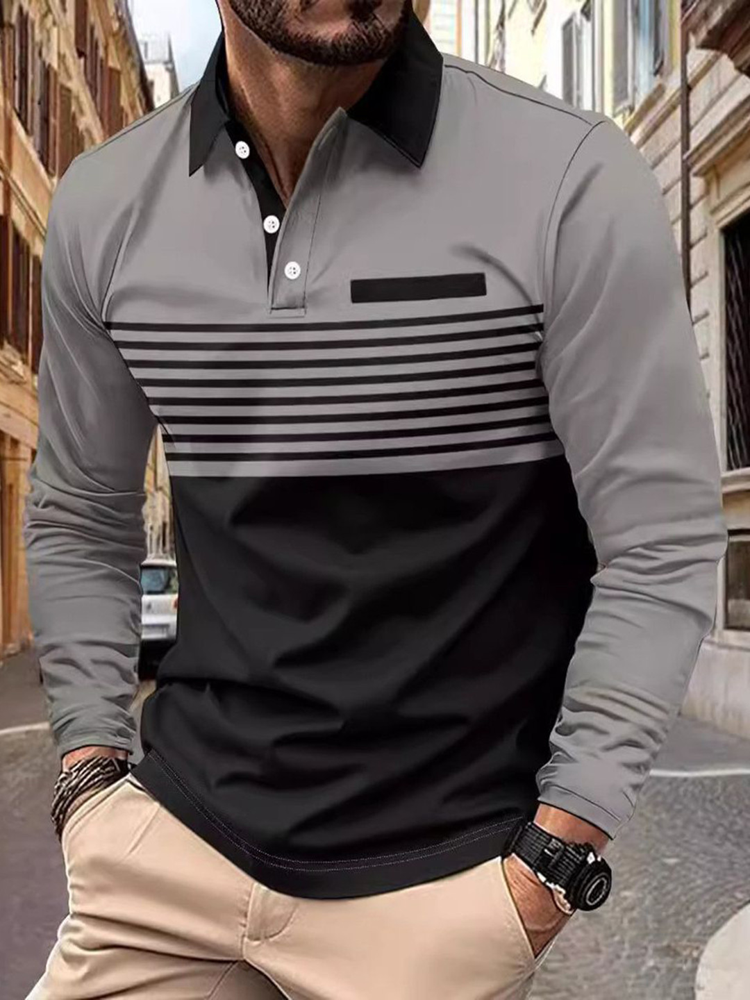 

StyleCast x Revolte Men Striped Polo Collar T-shirt, Grey