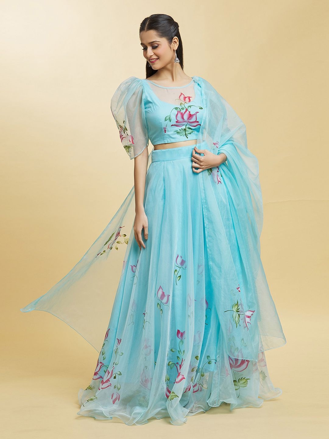 

Samyukta Singhani Lotus Printed Ready to Wear Lehenga & Blouse With Dupatta, Blue
