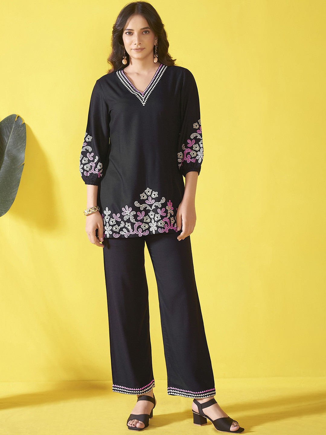 

Anouk Black V-Neck Embroidered Liva Top With Trousers